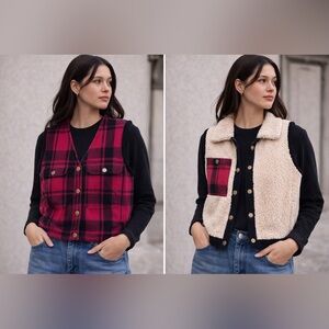 Banana Republic Nevita plaid wool & sherpa reversible vest, size M.